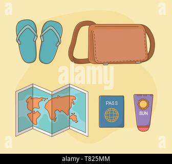 Vacanze viaggi impostare icone illustrazione vettoriale design Illustrazione Vettoriale