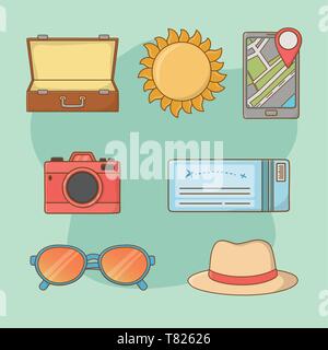 Vacanze viaggi impostare icone illustrazione vettoriale design Illustrazione Vettoriale