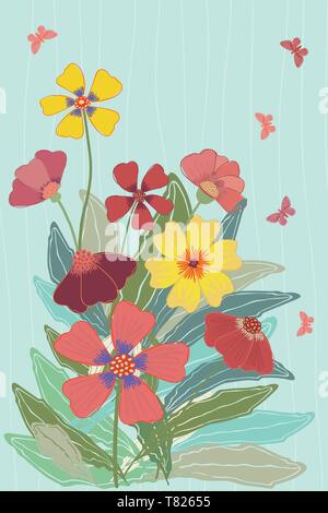 Luminoso prato multicolore di fiori e farfalle illustrazione a sottilmente striped soft sfondo blu con spazio per collocare il testo. Illustrazione Vettoriale