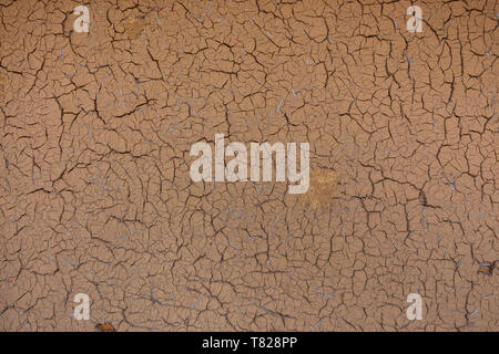 Spaccature su una parete di argilla di una casa giapponese a Michinoku Folklore Village a Kitakami, Giappone Foto Stock