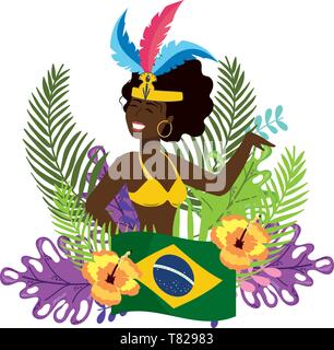 Native woman dancing celebra il Brasile il carnevale tra foglie e fiori di Bandiera Brasile illustrazione vettoriale modificabile Illustrazione Vettoriale