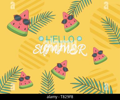 Ciao estate poster con caratteri di anguria illustrazione vettoriale design Illustrazione Vettoriale