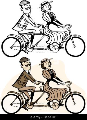 Un giovane va a fare un giro su una vecchia bicicletta in tandem. Illustrazione Vettoriale