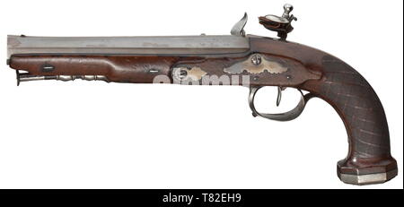 Una coppia di Francese flintlock pistols, 1800 ottagonali (Rettificate) barili con microscanalatura rigatura in 17 mm di calibro, leggermente sommersa in prossimità del muso. Ciascun cilindro stampigliato sul fondo "F. BECOTTE', sulla parte superiore (molto sbiadito) inscritto con 'Fourni par le Page à Paris". Leggermente flintlocks cesellato con pentole antipioggia. Le scorte di noce con mozziconi di scacchi e liscia arredi in ferro. Originale ramrods whalebone con punte in ferro e ottone filettato prese. Lunghezza 36 cm ciascuno. Francois Becotte, San-Etienne, menzionato in 1807. Fournie, Parigi, menzionato 1729 - 17, Additional-Rights-Clearance-Info-Not-Available Foto Stock