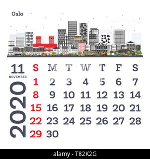 Novembre 2020 Calendario modello con Oslo Skyline della citta'. Illustrazione Vettoriale. Modello per la stampa. Inizia settimana da domenica. Illustrazione Vettoriale