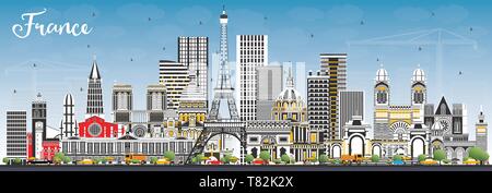 Benvenuti in Francia Skyline con edifici grigi e cielo blu. Illustrazione Vettoriale. Il concetto di turismo con architettura storica. Francia Cityscape. Illustrazione Vettoriale