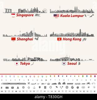 Dall'alto del vettore di Singapore, Kuala Lumpur, Shanghai, Hong Kong, Tokyo e Seoul Illustrazione Vettoriale