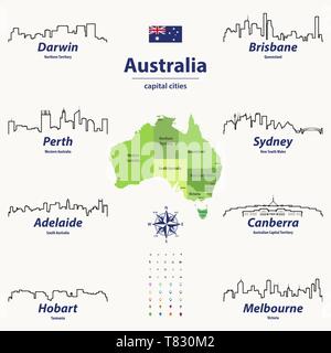 Illustrazione vettoriale di Australia mappa degli stati con dall'alto dei capitali Illustrazione Vettoriale