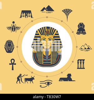 Illustrazione Vettoriale di Tutankhamon maschere con varie icone di luoghi e simboli di Egitto isolato su sfondo. Set di icone circa illustrazione dr Illustrazione Vettoriale