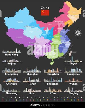 Cina mappa con il Cinese più grande dello skyline della citta'. Illustrazione Vettoriale Illustrazione Vettoriale