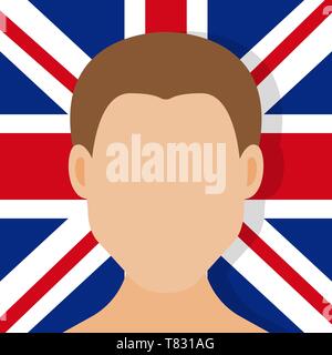 Il volto di un uomo con una bandiera in background sulla faccia della Gran Bretagna Illustrazione Vettoriale