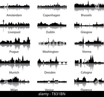 Vedute dello skyline della citta' con acqua riflette Illustrazione Vettoriale