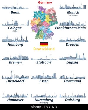 Illustrazione vettoriale di Germania alta mappa dettagliata con città più grandi icone dall'alto Illustrazione Vettoriale