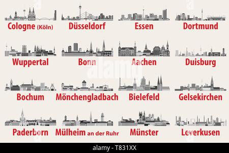Set di vettore di stato Germania Renania del Nord - Westfalia città più grandi icone dall'alto Illustrazione Vettoriale