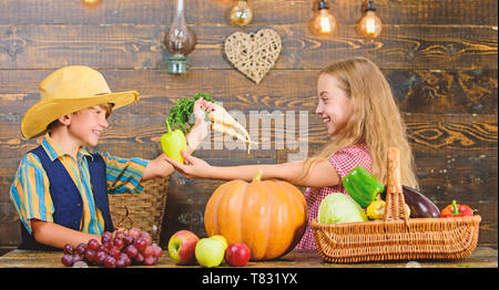 Bambini presentando farm raccolto lo sfondo di legno. Gli agricoltori per bambini ragazza ragazzo verdure raccolto. Agricoltura insegna ai bambini dove il loro cibo proviene da. I fratelli avendo divertimento. Azienda agricola a conduzione familiare. Mercato di fattoria. Foto Stock