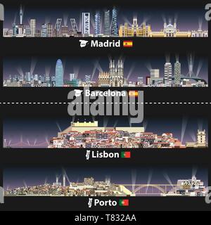 Illustrazioni vettoriali di Madrid e Barcellona, Lisbona e Porto dello skyline della citta' Illustrazione Vettoriale