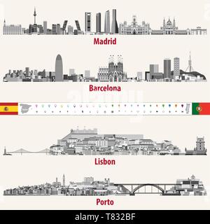 Illustrazioni vettoriali di Madrid e Barcellona, Lisbona e Porto dello skyline della citta' Illustrazione Vettoriale