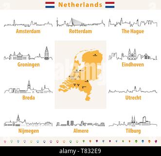 Paesi Bassi mappa con più grandi città dall'alto Illustrazione Vettoriale