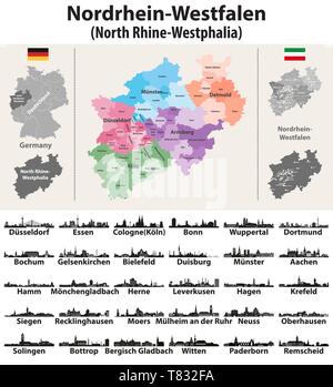 Germania Membro della Renania settentrionale-Vestfalia mappa vettoriale con grande città dall'alto Illustrazione Vettoriale