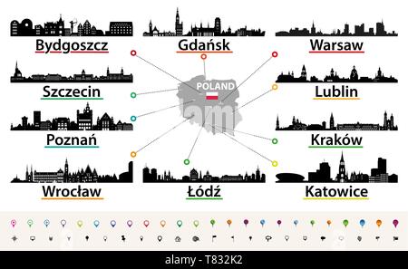 Mappa vettoriale della Polonia con più grande dello skyline della citta' Illustrazione Vettoriale