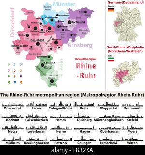 Rhine-Ruhr area metropolitam mappa vettoriale con grande città dall'alto Illustrazione Vettoriale