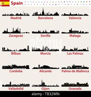 Spagna città più grandi icone dall'alto illustrazione vettoriale Illustrazione Vettoriale