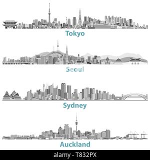 Illustrazioni vettoriali di Tokyo, Seoul Sydney e Auckland dall'alto Illustrazione Vettoriale