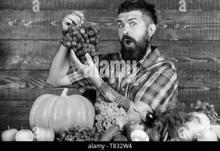 Agricoltura e concetto di raccolta. Contadino con homegrown messe sul tavolo. Agricoltore orgogliosi del raccolto di ortaggi e uva. Uomo Barbuto detiene uve sfondo di legno. Verdure raccolto organico. Foto Stock