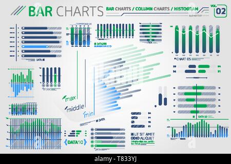 I grafici a barre, gli istogrammi e istogrammi elementi infografico Illustrazione Vettoriale