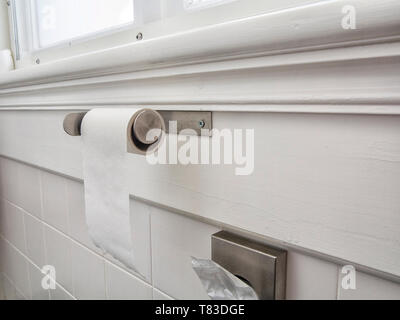 Carta igienica su un rotolo in un bianco wc Foto Stock
