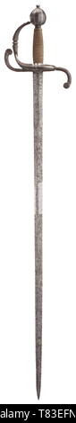 Una campagna tedesca spada circa 1630. Riccamente inciso lama di diamante, sezione complementare con il motto "OLI Deo gloria', sormontante un medaglione firmato "Iohannes Wirsberger' e un monogramma di Cristo " IHS ", sul retro un altro medaglione raffigurante smith pinze e firma 'Iohannes Wirsberger', ogni set tra la decorazione floreale. Su entrambi i lati della base della lama la firma aggiuntiva "Peter Monsit' e 'Me Fecit Solingen". Fuso a snodo cesellato-bow elsa (piastre di protezione mancanti), impugnatura riccamente legato con rame e filo di ottone e con Turk', Additional-Rights-Clearance-Info-Not-Available Foto Stock