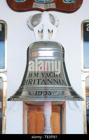 Edinburgh, città di Edimburgo in Scozia. Della Nave su bell'iconica Royal Yacht Britannia, ormeggiata presso l'Ocean Terminal, Leith. Foto Stock