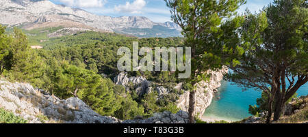 Panorama di calma il mare blu con la foresta di alberi di pino e di montagna sopra in Croazia Foto Stock