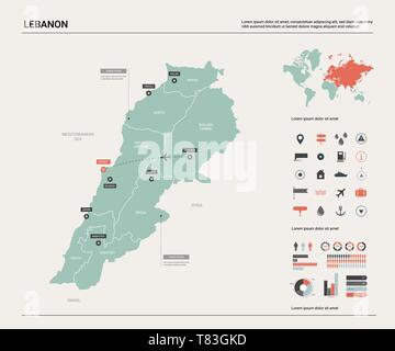 Mappa vettoriale del Libano. Alta dettagliata mappa del paese con la divisione, la città e la capitale Beirut. Mappa politico, mappa del mondo, elementi infografico. Illustrazione Vettoriale