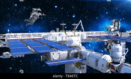 Astronauta galleggiante sopra la stazione spaziale, cosmonauta nello spazio con la navicella spaziale e stelle in background, rendering 3D Foto Stock