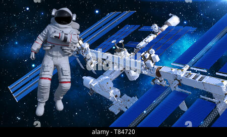 Astronauta nello spazio fluttuante sopra la stazione spaziale, cosmonauta con un veicolo spaziale in background, rendering 3D Foto Stock