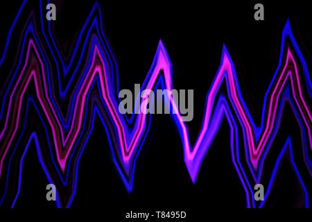 Incandescente multicolore linee piegate su sfondo nero. Neon lucido frattale. Movimento sfocato Foto Stock
