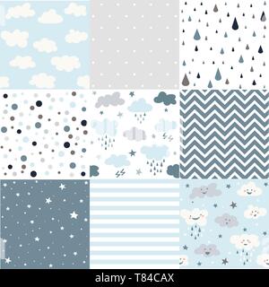 Set di vettore blu, carino seamless patterns per la progettazione meteo Illustrazione Vettoriale