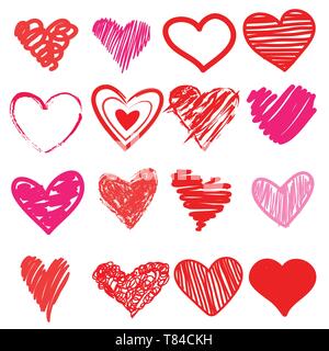 Cuore rosso disegnato a mano. Icona carino, cartoon doodle amore Illustrazione Vettoriale