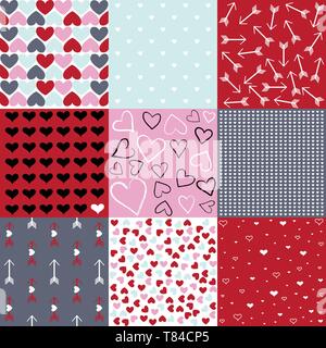 Modelli senza soluzione di continuità per il giorno di San Valentino, set di 9 Illustrazione Vettoriale