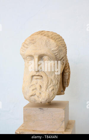 Delos, Mykonos, Egeo Meridionale, Grecia. Busto in marmo di Hermes, precedentemente parte della Stoa di Antigonus, Delos Museo Archeologico. Foto Stock