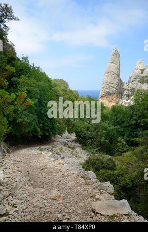 Il sentiero verso il basso Bacu Goloritze burrone verso monte Caroddi / Aguglia roccia calcarea pinnacle sulla costa, il Parco Nazionale del Gennargentu, Baunei, Sardegna. Foto Stock