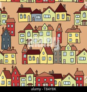 Piccole case di città illustrazione vettoriale - seamless pattern. Illustrazione Vettoriale