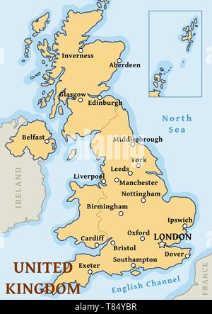 Regno Unito mappa vettore - importanti città segnato sulla mappa del Regno Unito. Illustrazione Vettoriale
