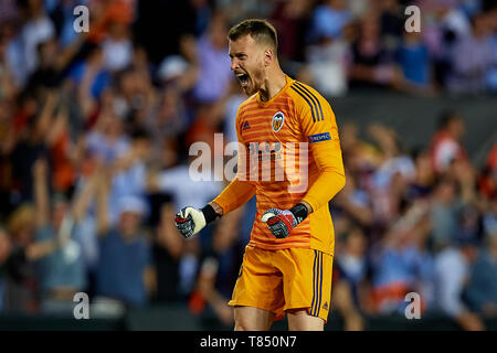VALENCIA, Spagna - 09 Maggio: Norberto Murara Neto di Valencia CF celebra un obiettivo durante la UEFA Europa League Semi Finale seconda gamba match tra Valencia e Arsenal a Estadio Mestalla il 9 maggio 2019 a Valencia, in Spagna. (Foto di David Aliaga/MB Media) Foto Stock