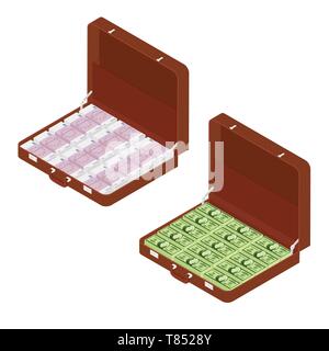 Due valigie marrone con milioni di euro, dollari vista isometrica Illustrazione Vettoriale