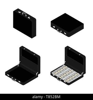 Valigetta nera, diplomat set, insieme con milioni di dollari vista isometrica. Aperto e Chiuso vuota valigetta marrone, dimplomat Illustrazione Vettoriale