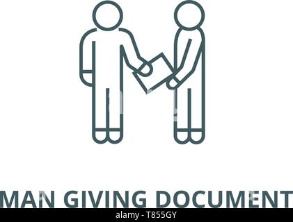 L uomo dando documento linea del vettore icona, concetto lineare, segno di contorno, simbolo Illustrazione Vettoriale