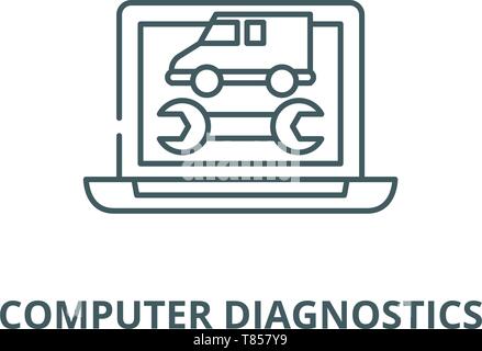 Diagnosi del calcolatore linea del vettore icona, concetto lineare, segno di contorno, simbolo Illustrazione Vettoriale