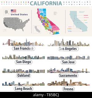 California's vettore ad alta mappa dettagliata che mostra le contee formazioni. Dall'alto delle principali città della California Illustrazione Vettoriale